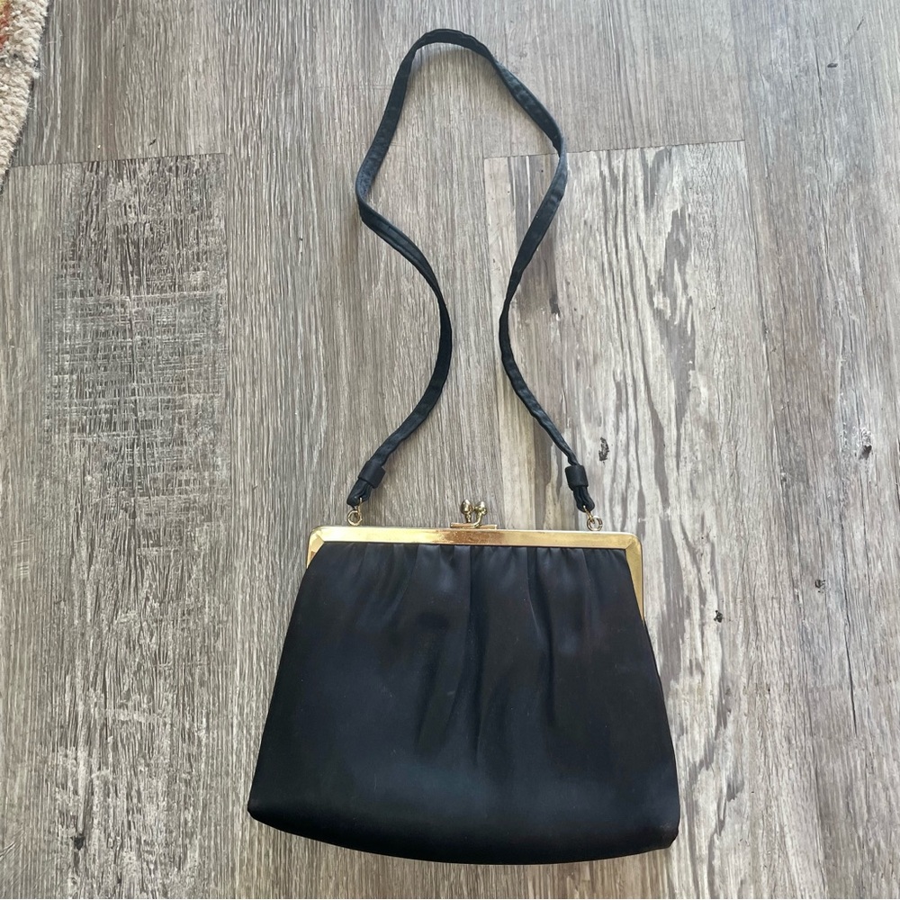 Vintage 60s Ande Black Satin Evening Bag + Tortoise Shell Style Clasp Purse - Picture 8 of 16
